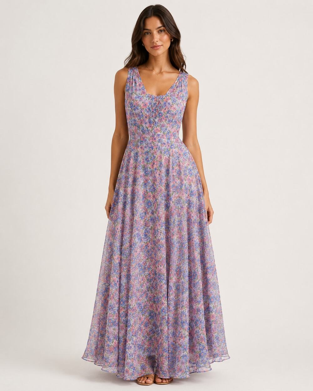 Vintage 1970s Floral Georgette Maxi Dress Women’s US 14 Pink Blue 60" Long